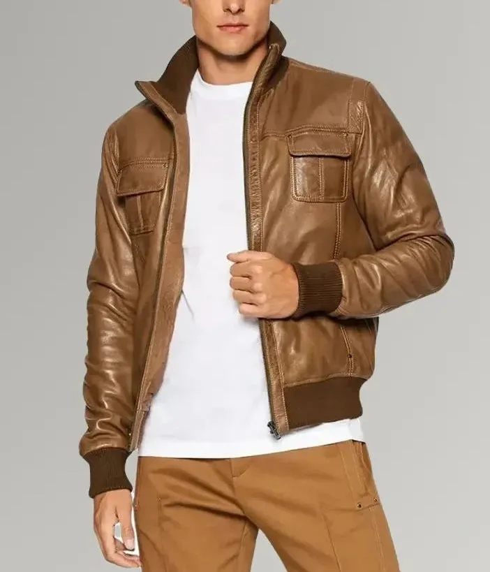 Desert Voyager | Men's Brown Sheepskin Leather Bomber Jacket