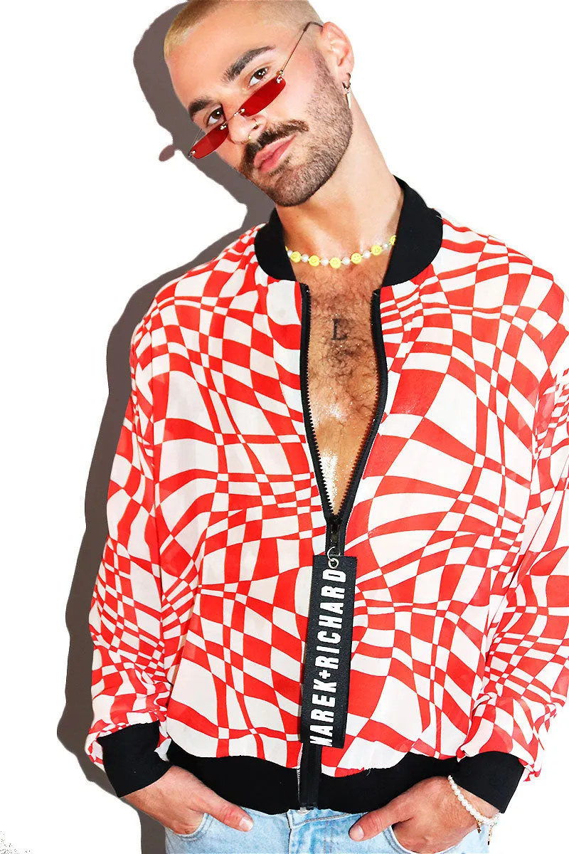 Distorted Grid Bomber Jacket- Red