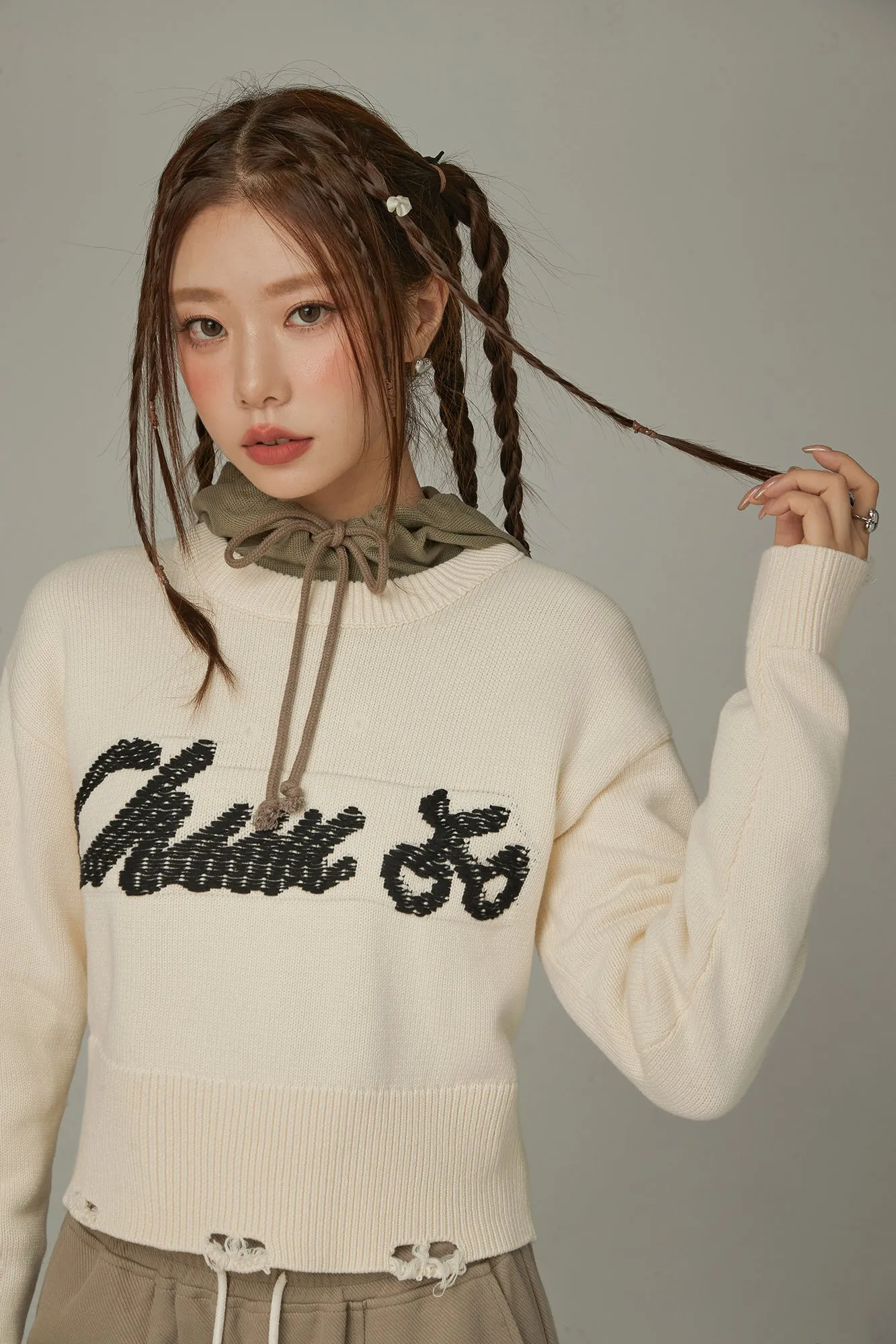 Distressed Lettering Crop Knit Sweater