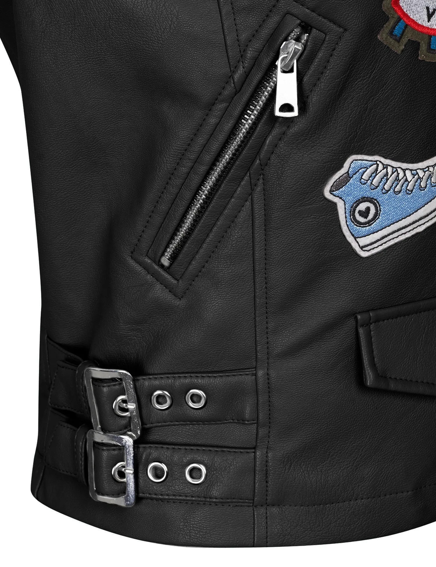 Double Breasted Faux Leather Zip Up  Jacket with Patches