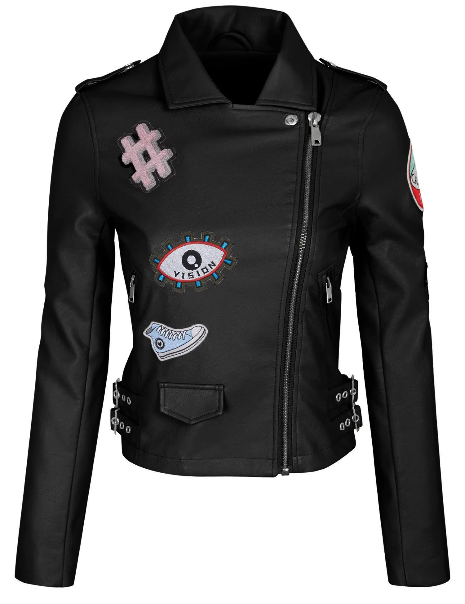 Double Breasted Faux Leather Zip Up  Jacket with Patches