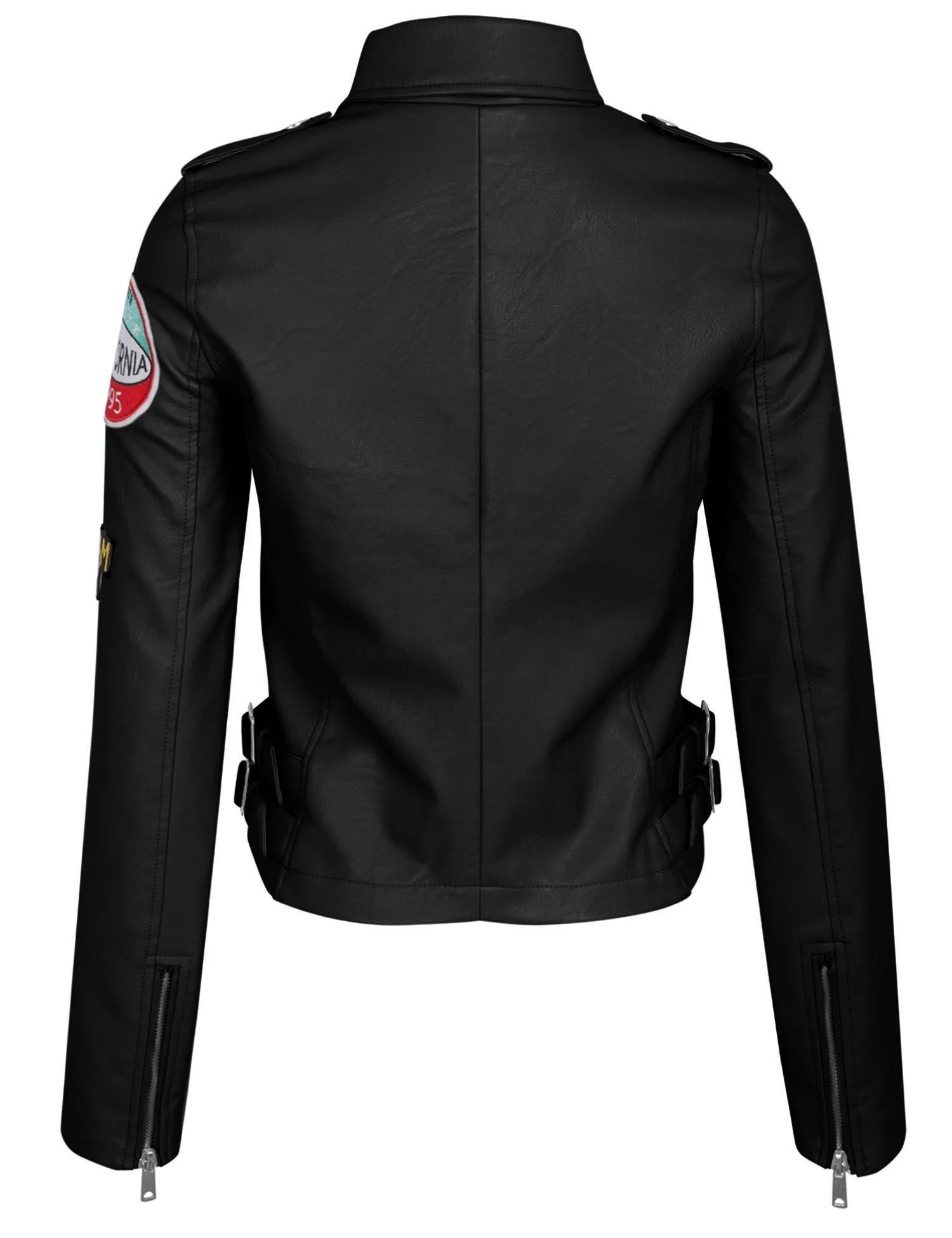 Double Breasted Faux Leather Zip Up  Jacket with Patches