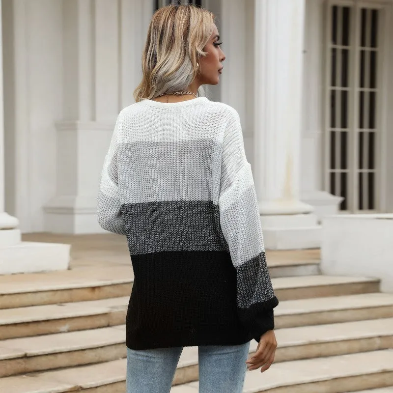 Drop Sleeve Knitted Color Blocking Sweater Wholesale Clothing Suppliers