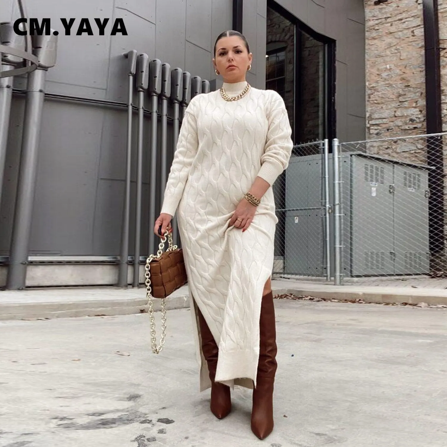 Elegant Warm Knit Turtleneck  Maxi Long Dress