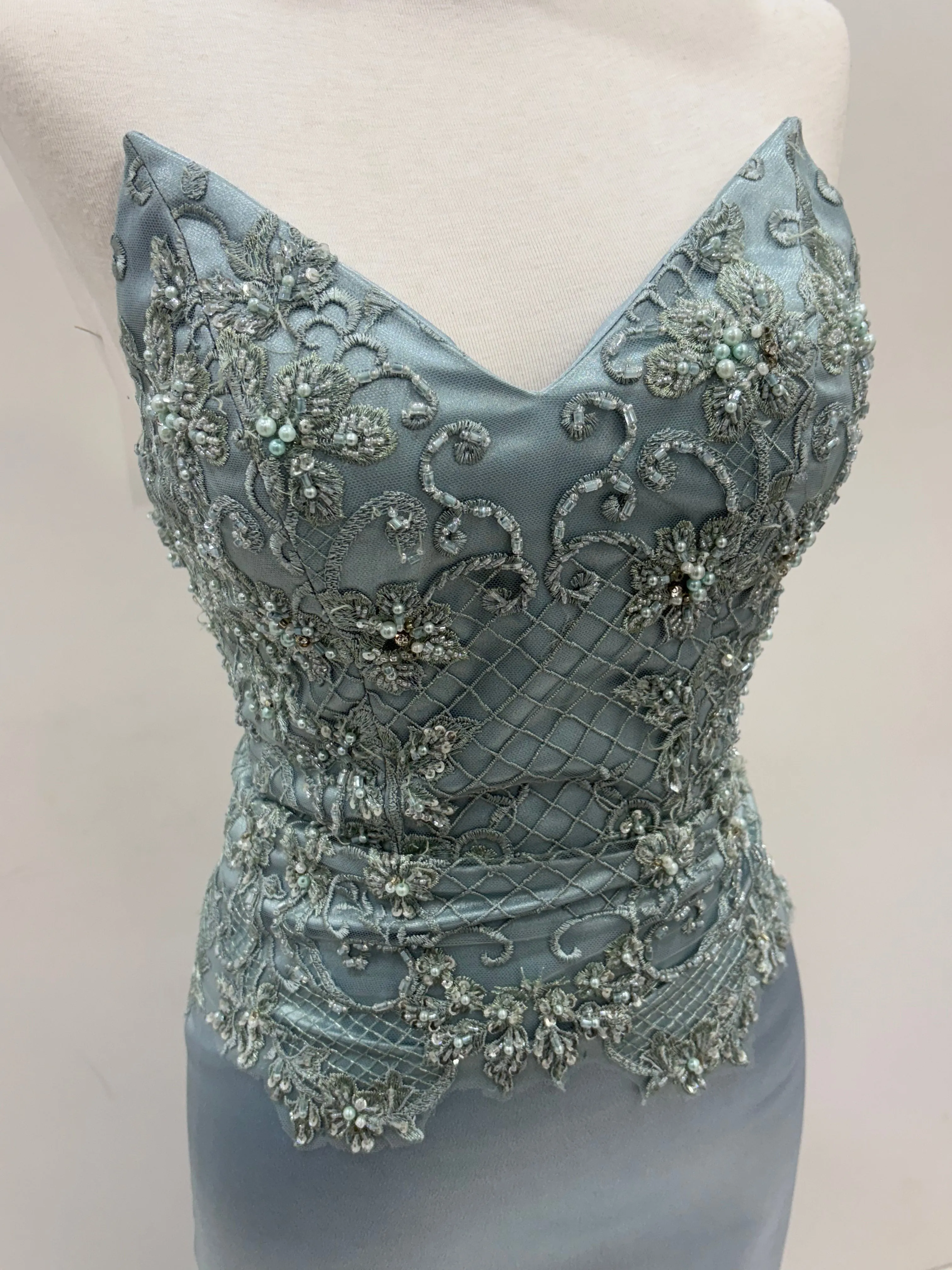 Everly steel blue satin mermaid dress with beaded lace top and lace up back (sales)