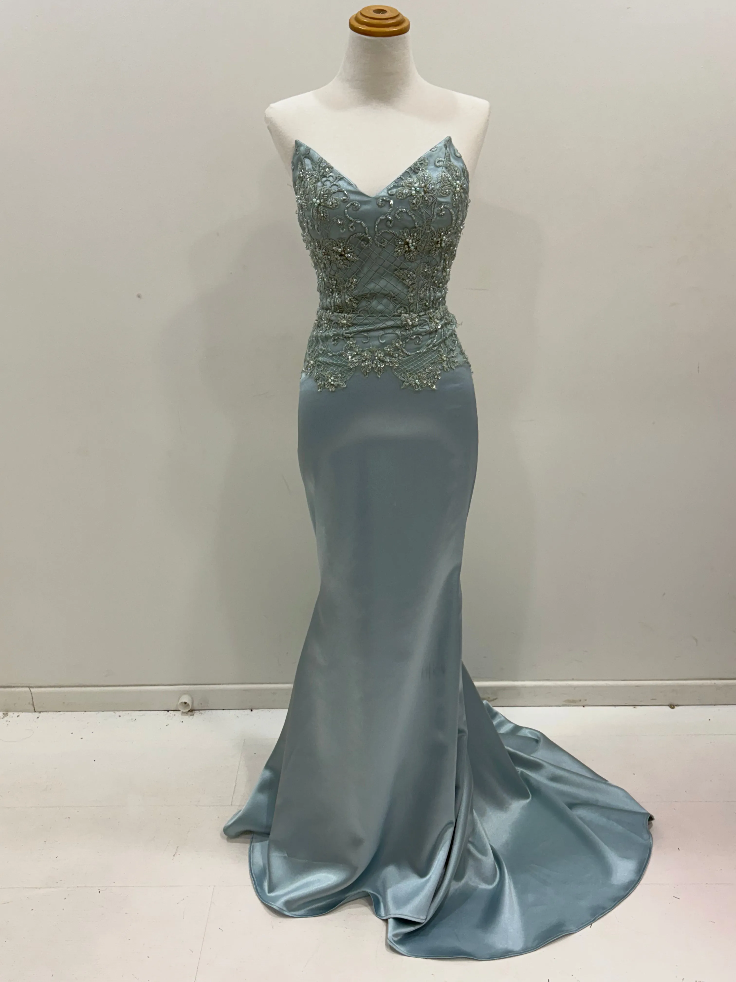 Everly steel blue satin mermaid dress with beaded lace top and lace up back (sales)