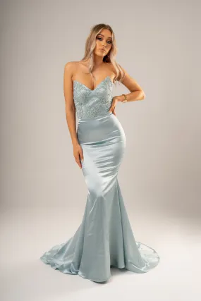 Everly steel blue satin mermaid dress with beaded lace top and lace up back (sales)