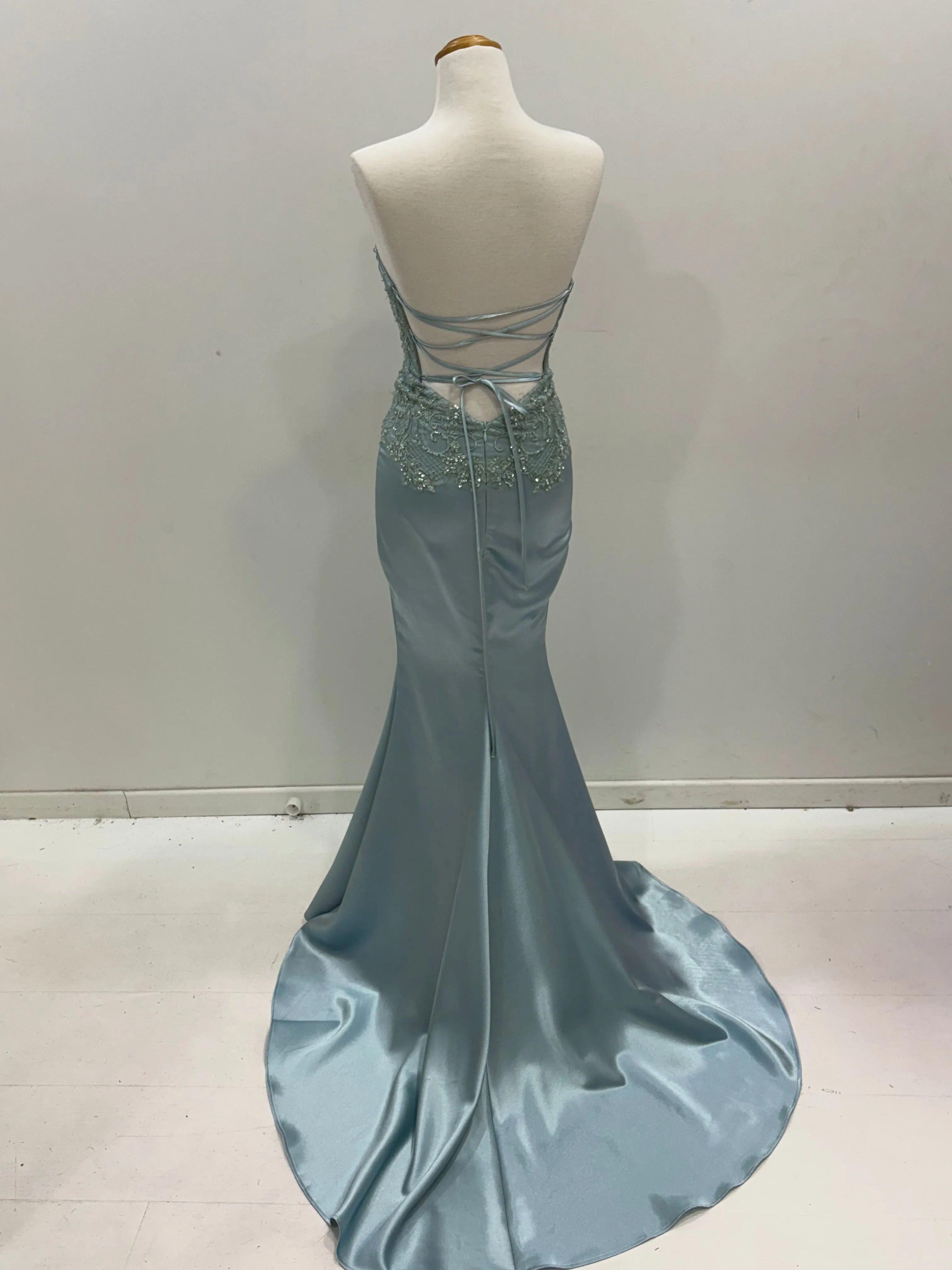 Everly steel blue satin mermaid dress with beaded lace top and lace up back (sales)