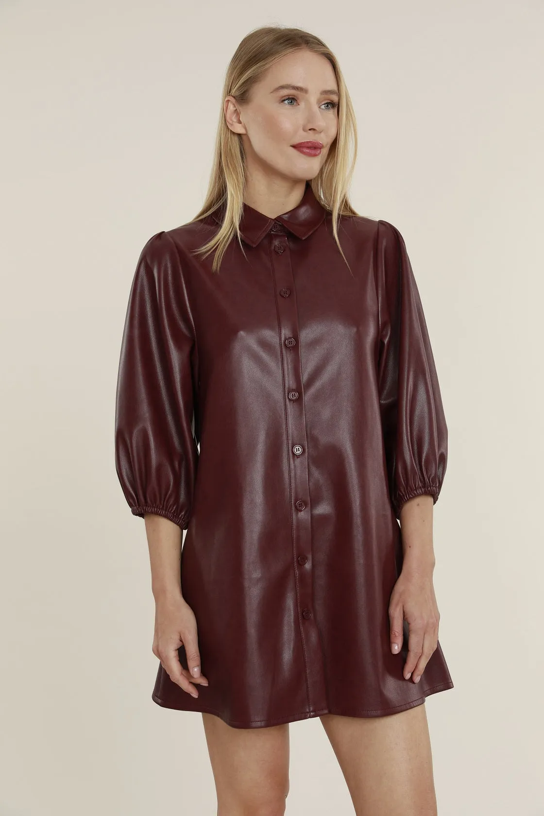 Faux Leather Dress with Puff Sleeves