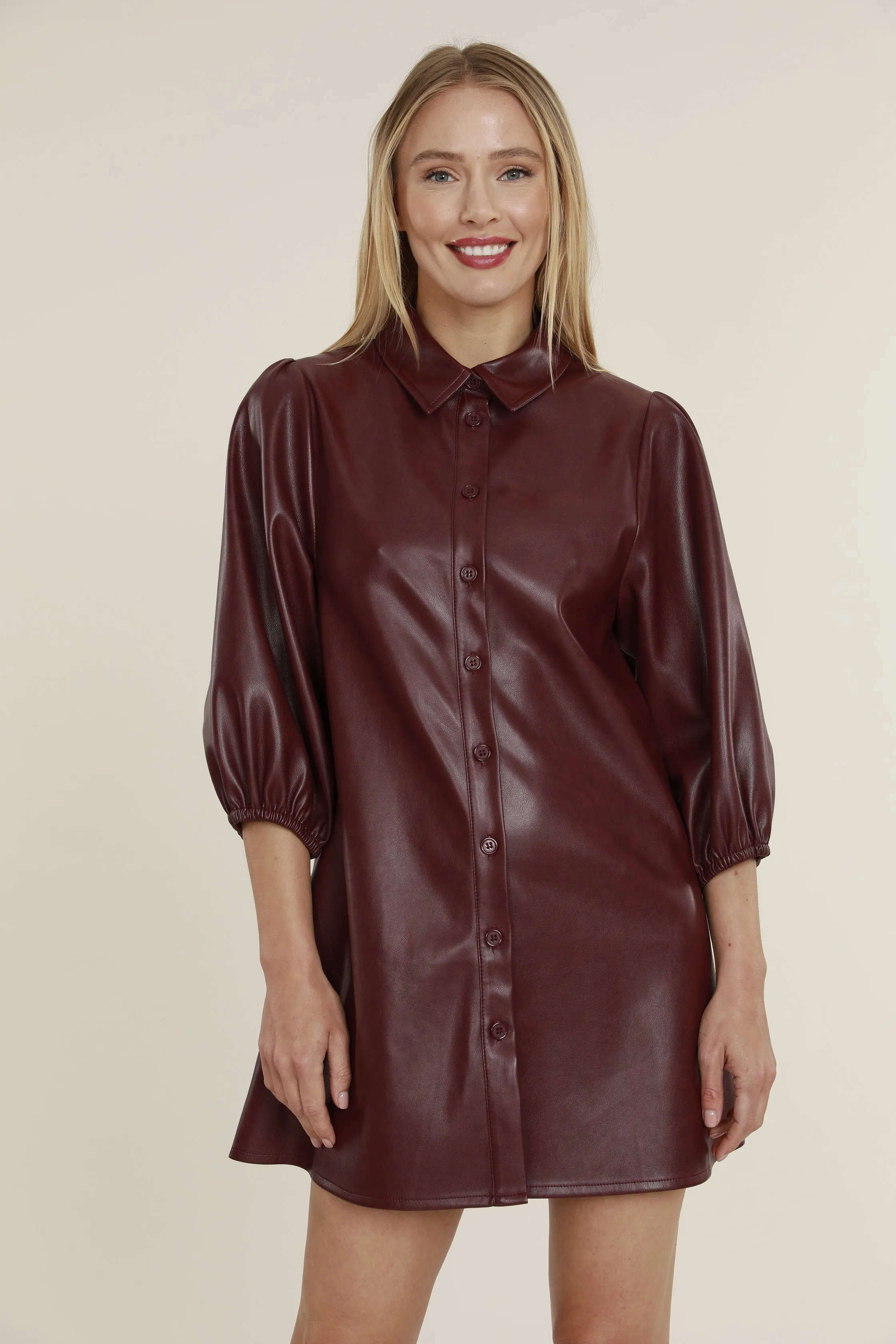 Faux Leather Dress with Puff Sleeves