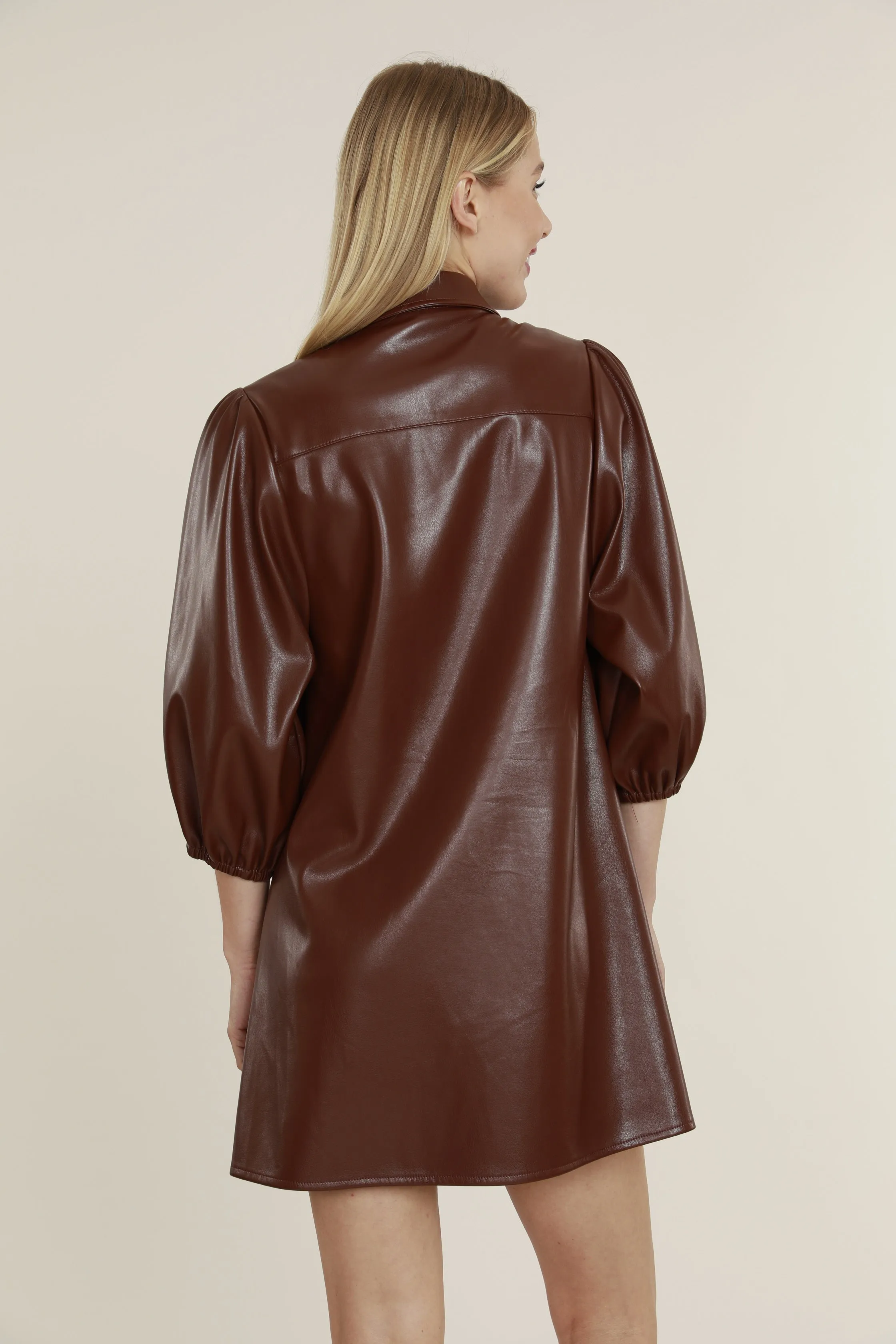 Faux Leather Dress with Puff Sleeves