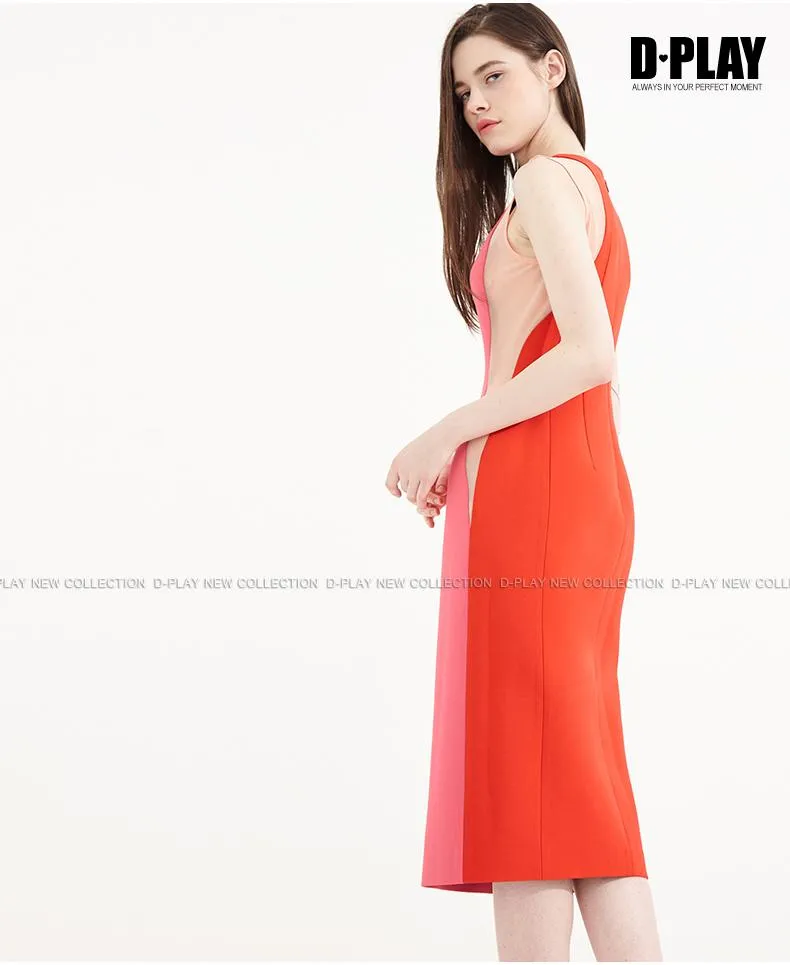 FINAL SALE Color block splicing package pencil dress round neck sleeveless dress- Lidia