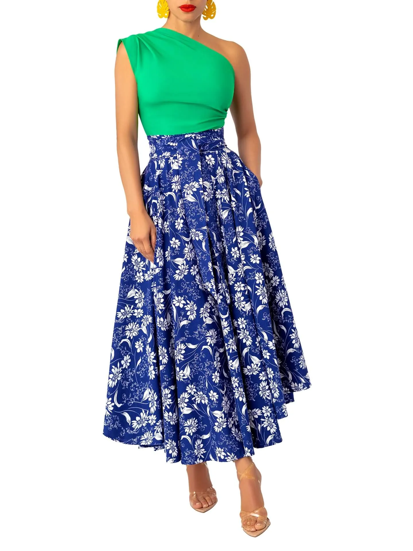 “Fọlá” Colorblock Jade/Blue Floral Midi dress