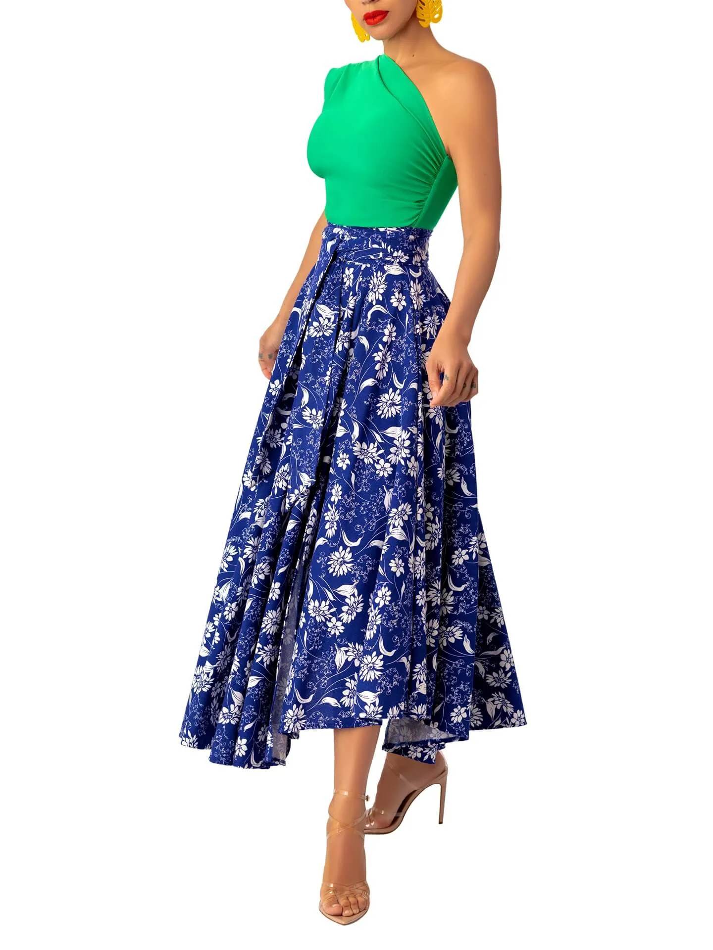 “Fọlá” Colorblock Jade/Blue Floral Midi dress