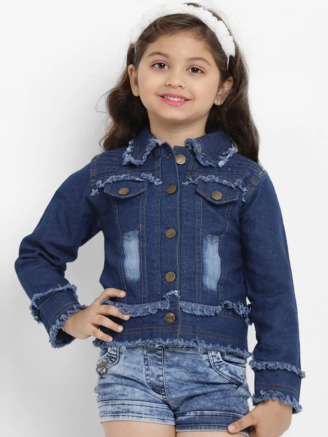 Girls Blue Solid Lightweight Jacket