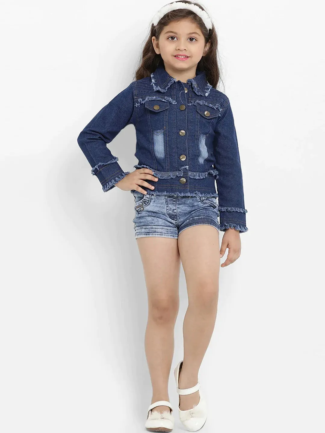 Girls Blue Solid Lightweight Jacket