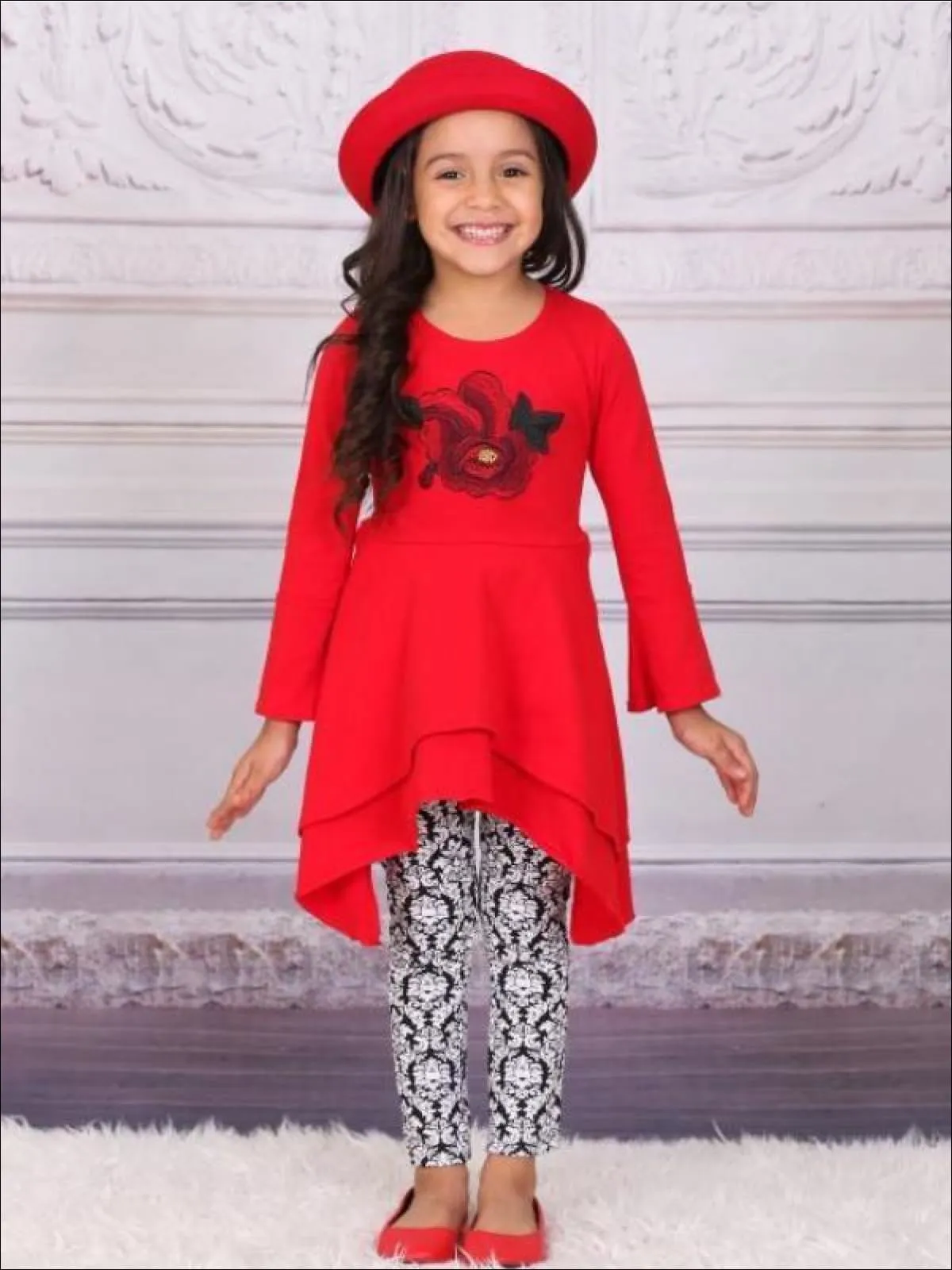 Girls Red And Black Double Layer Cuffed Sleeve Tunic And Legging Set