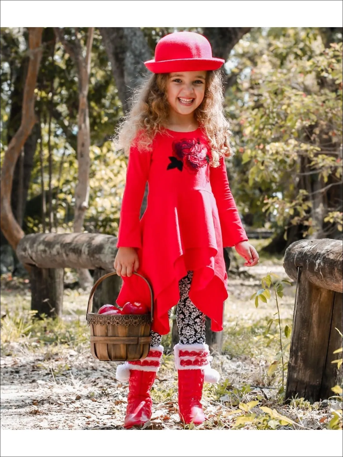 Girls Red And Black Double Layer Cuffed Sleeve Tunic And Legging Set