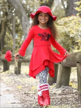 Girls Red And Black Double Layer Cuffed Sleeve Tunic And Legging Set