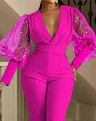 Glitter Sheer Mesh Puff Lantern Sleeve High Waist Jumpsuit