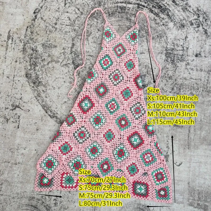 Granny Square Maxi Dress Choose Baby Pink Or Baby Blue Cami Top Double Spaghetti Strings Criss Cross In Back And Tie Halter Style Fit & Flare Available In Sizes XS Small Medium Or Large