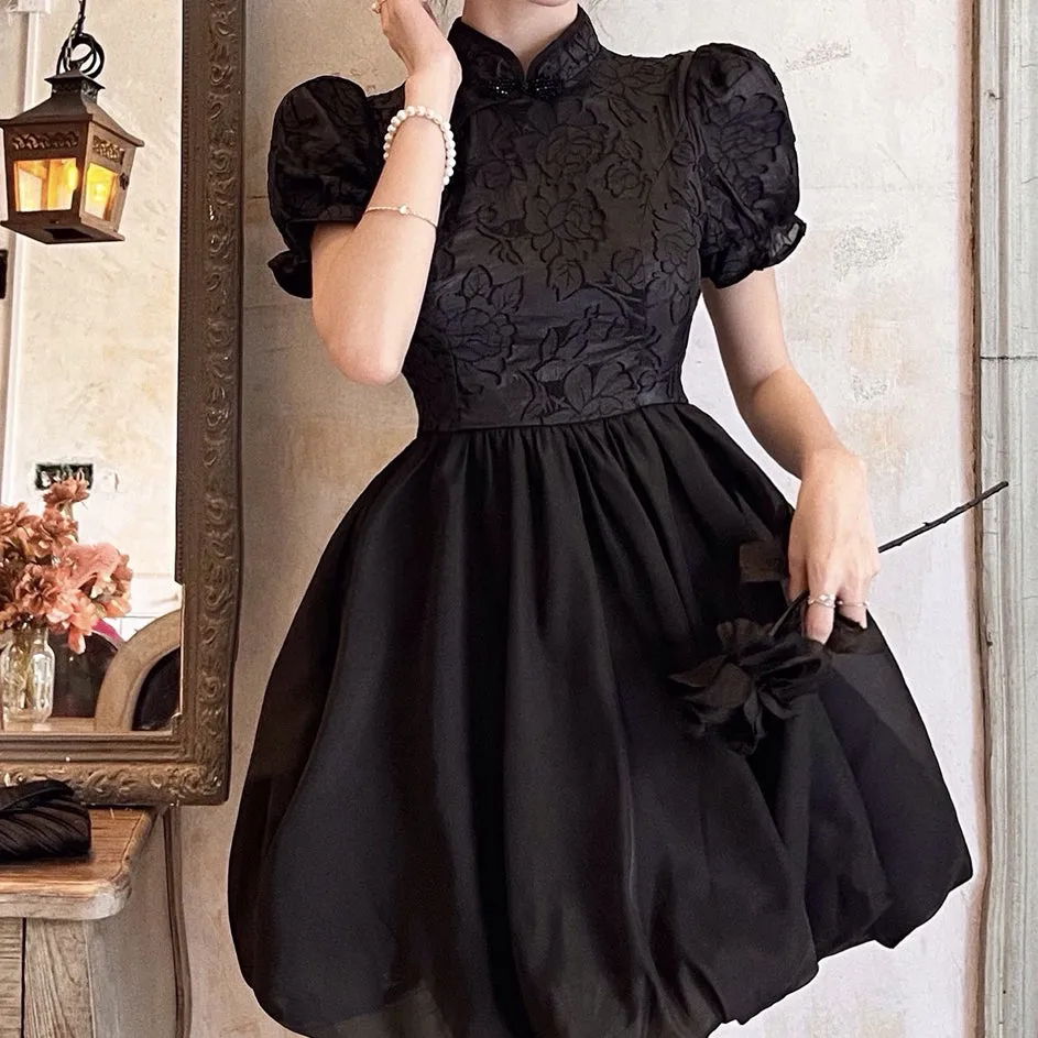 High Waist Puff Sleeve Jacquard Bud Qipao Dress