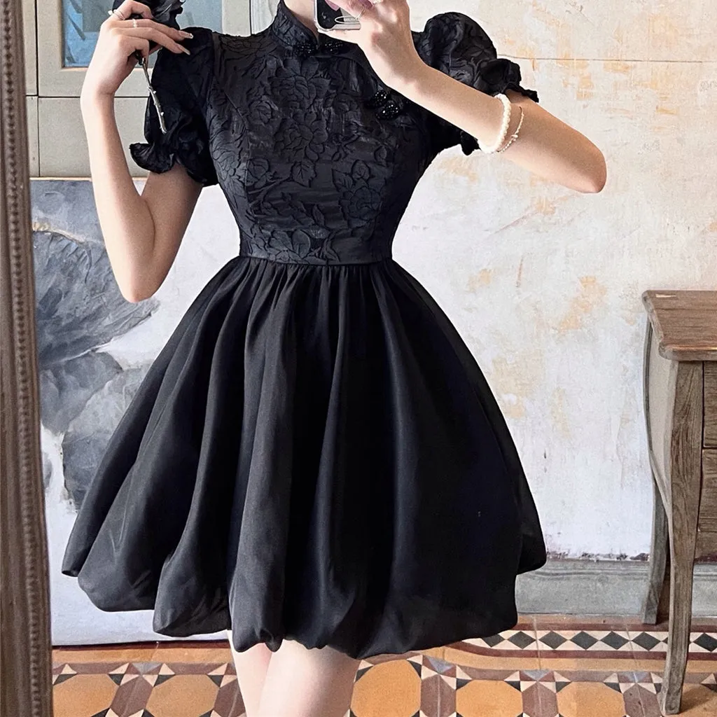 High Waist Puff Sleeve Jacquard Bud Qipao Dress