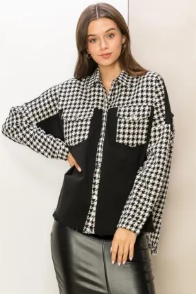 Houndstooth Contrast Raw Hem Jacket