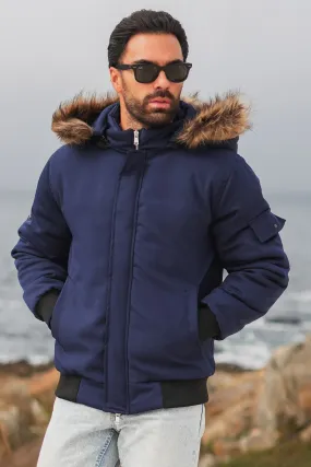 Imported Parka Jacket - Navy (removable hood)