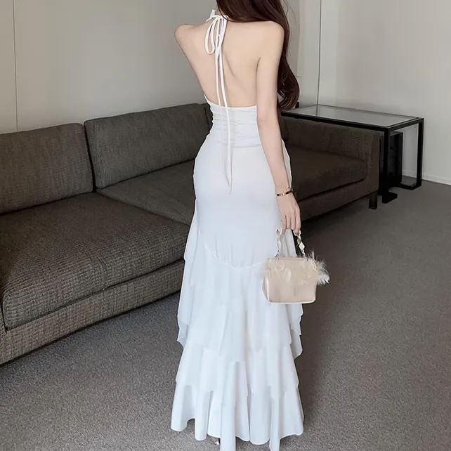 Irregular Ruffled See-Through Backless Dress