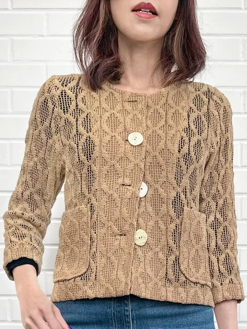 Last Chance! Chestnut Embossed Aran Knitted Square Lace Slim Fit Jacket