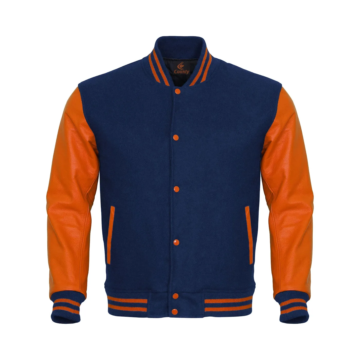 Letterman Jacket Navy Blue Body and Orange Leather Sleeves Varsity Jacket