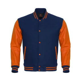 Letterman Jacket Navy Blue Body and Orange Leather Sleeves Varsity Jacket