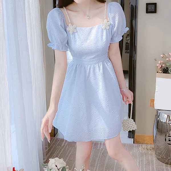 Light Blue Embossed Puff Sleeve Short Dress