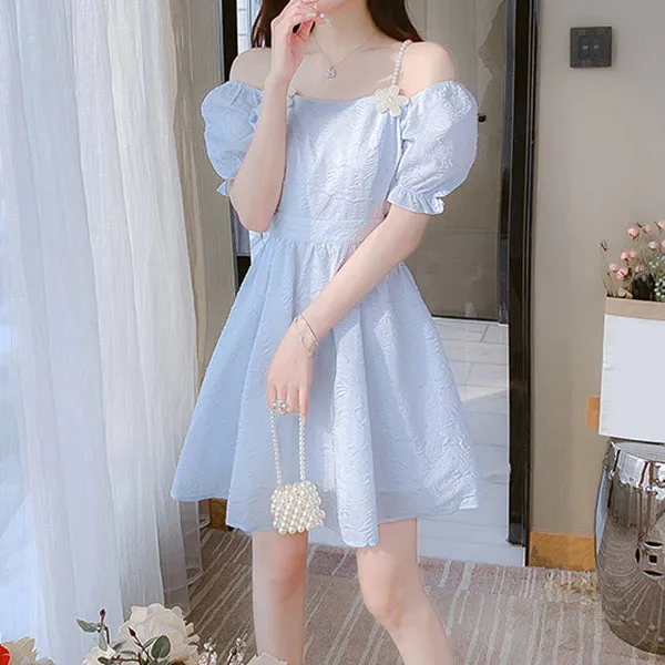 Light Blue Embossed Puff Sleeve Short Dress