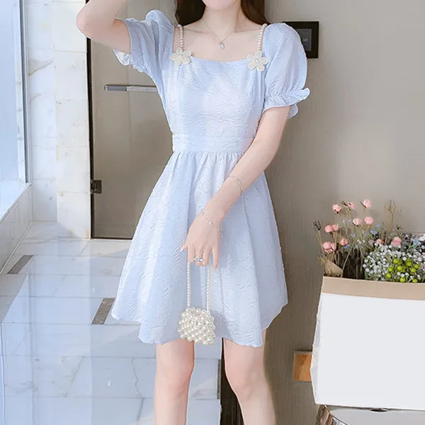 Light Blue Embossed Puff Sleeve Short Dress