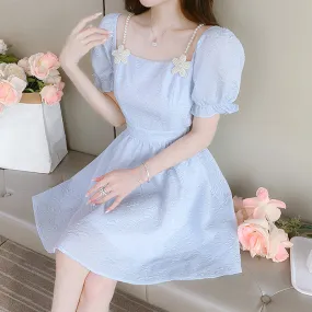 Light Blue Embossed Puff Sleeve Short Dress