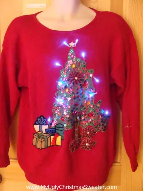 Light Up 80s Ugly Christmas Sweater Tree and Poinsettias