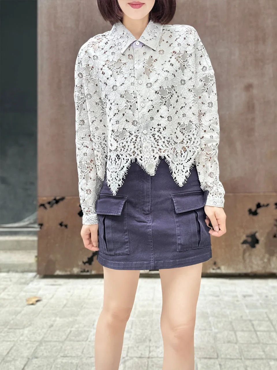 Lilac Grey Handkerchief Hem Eyelash Lace Boxy Shirt