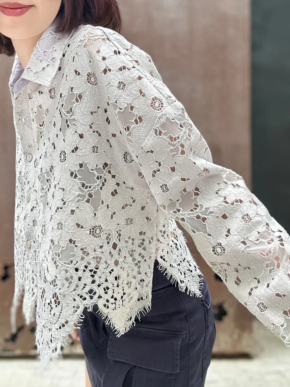 Lilac Grey Handkerchief Hem Eyelash Lace Boxy Shirt