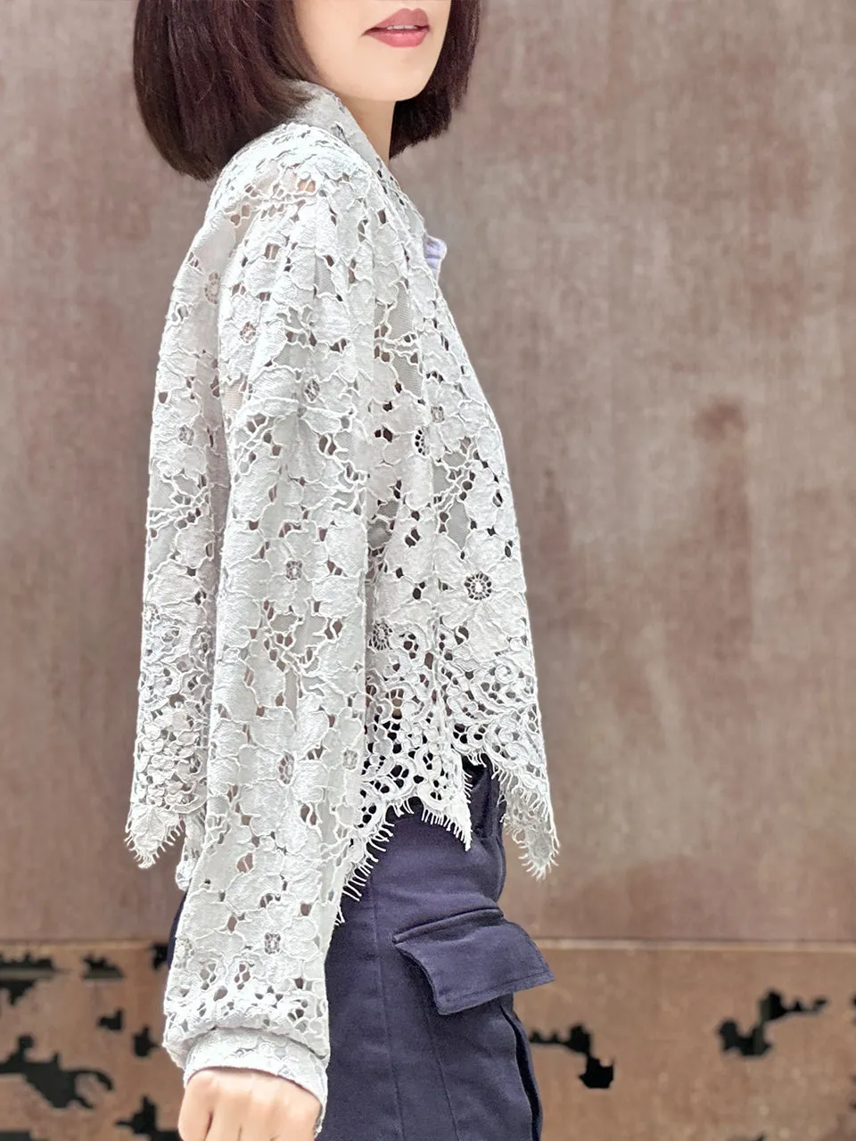 Lilac Grey Handkerchief Hem Eyelash Lace Boxy Shirt