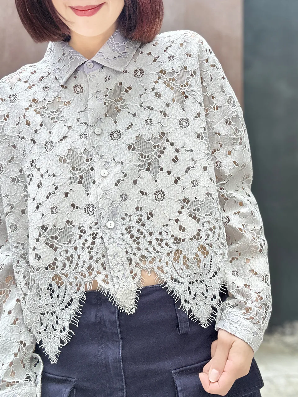 Lilac Grey Handkerchief Hem Eyelash Lace Boxy Shirt