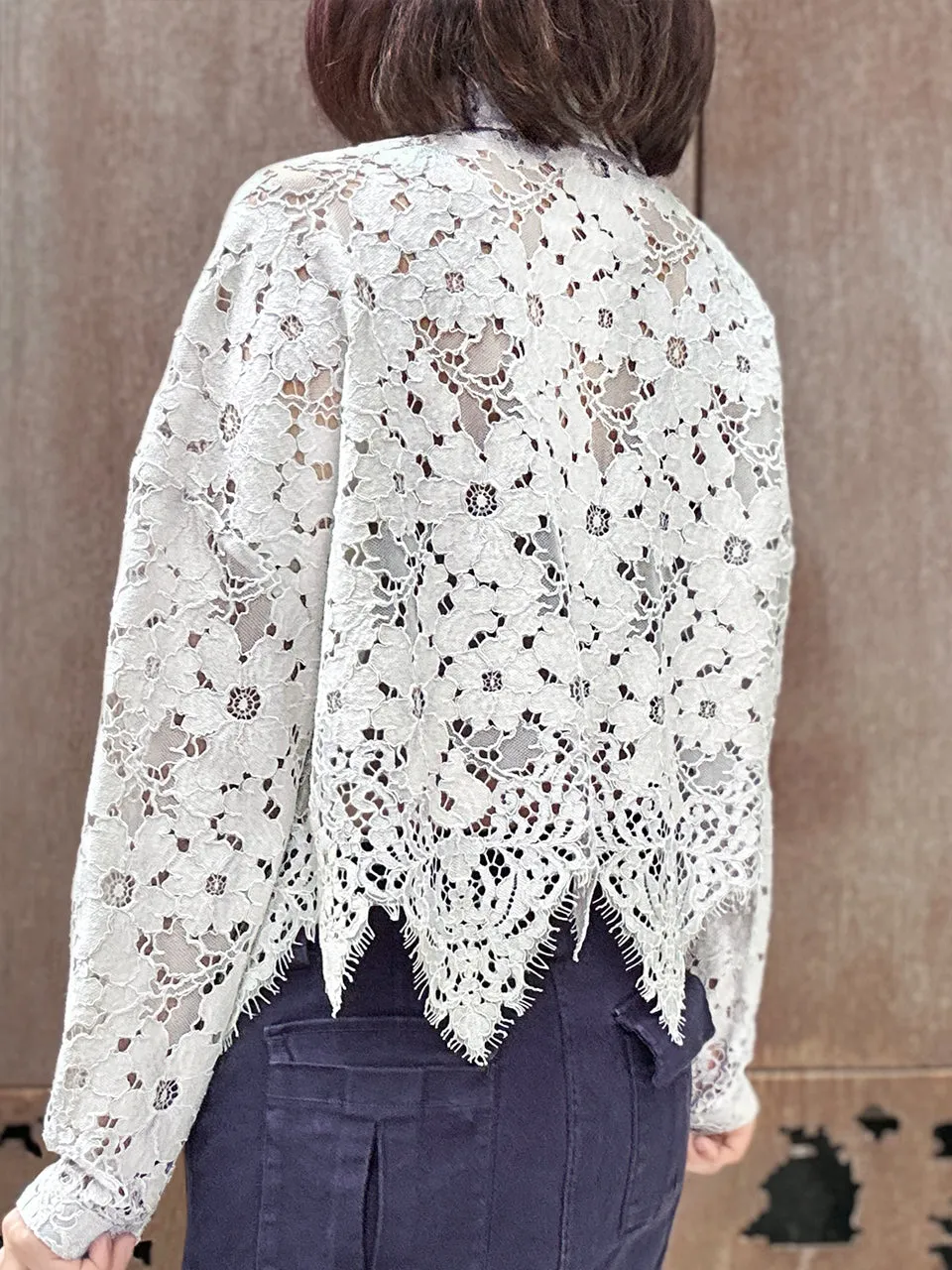 Lilac Grey Handkerchief Hem Eyelash Lace Boxy Shirt