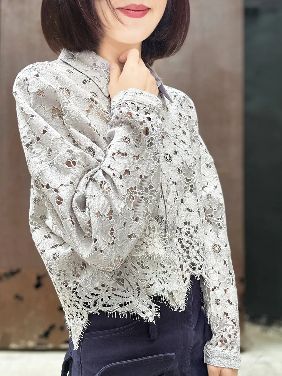 Lilac Grey Handkerchief Hem Eyelash Lace Boxy Shirt