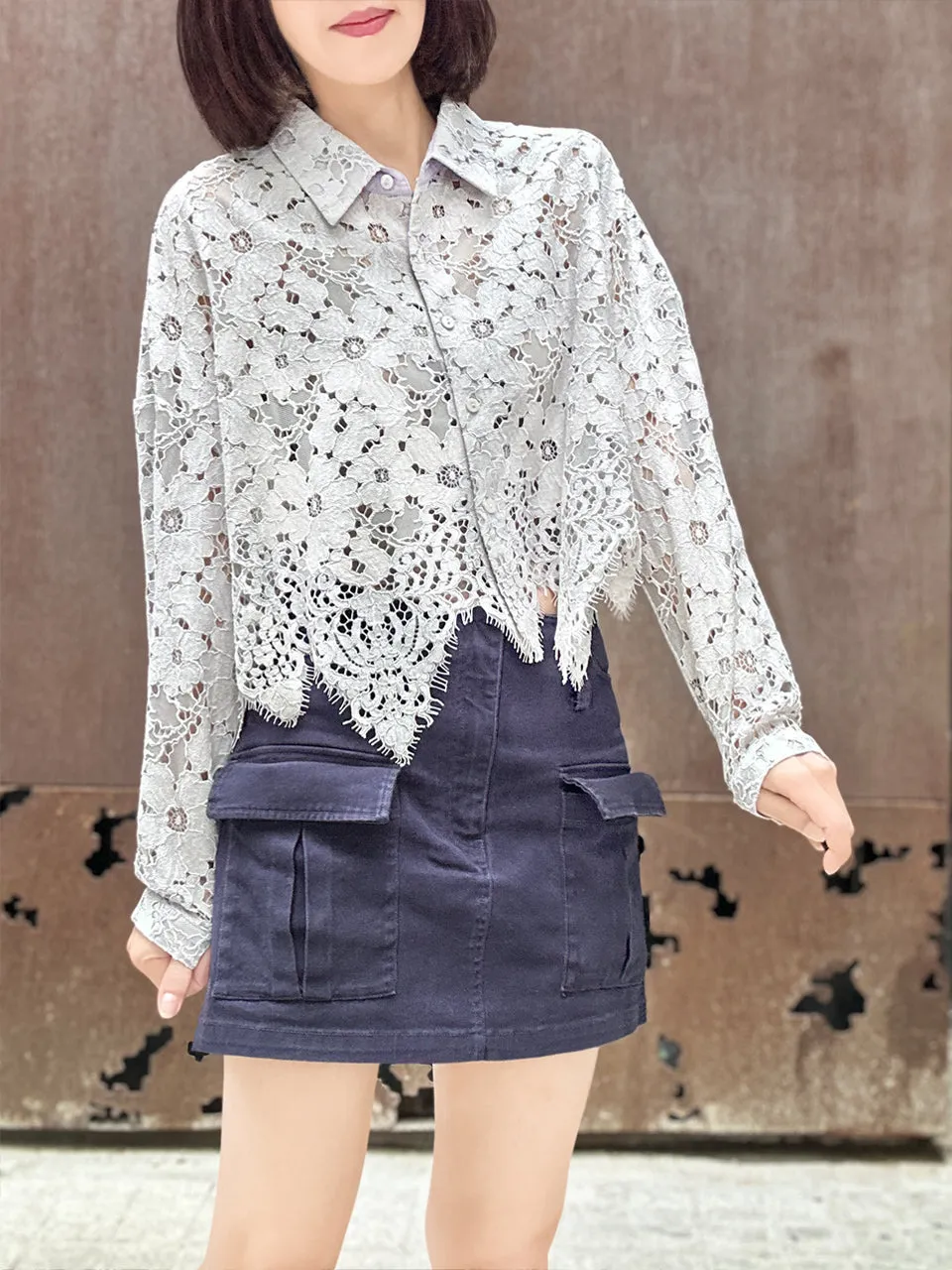 Lilac Grey Handkerchief Hem Eyelash Lace Boxy Shirt