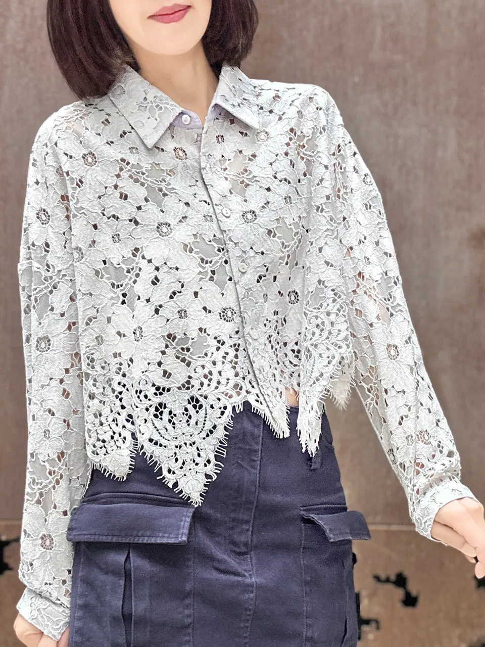 Lilac Grey Handkerchief Hem Eyelash Lace Boxy Shirt