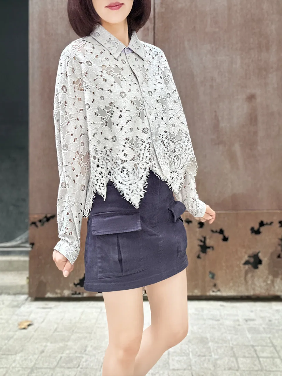 Lilac Grey Handkerchief Hem Eyelash Lace Boxy Shirt