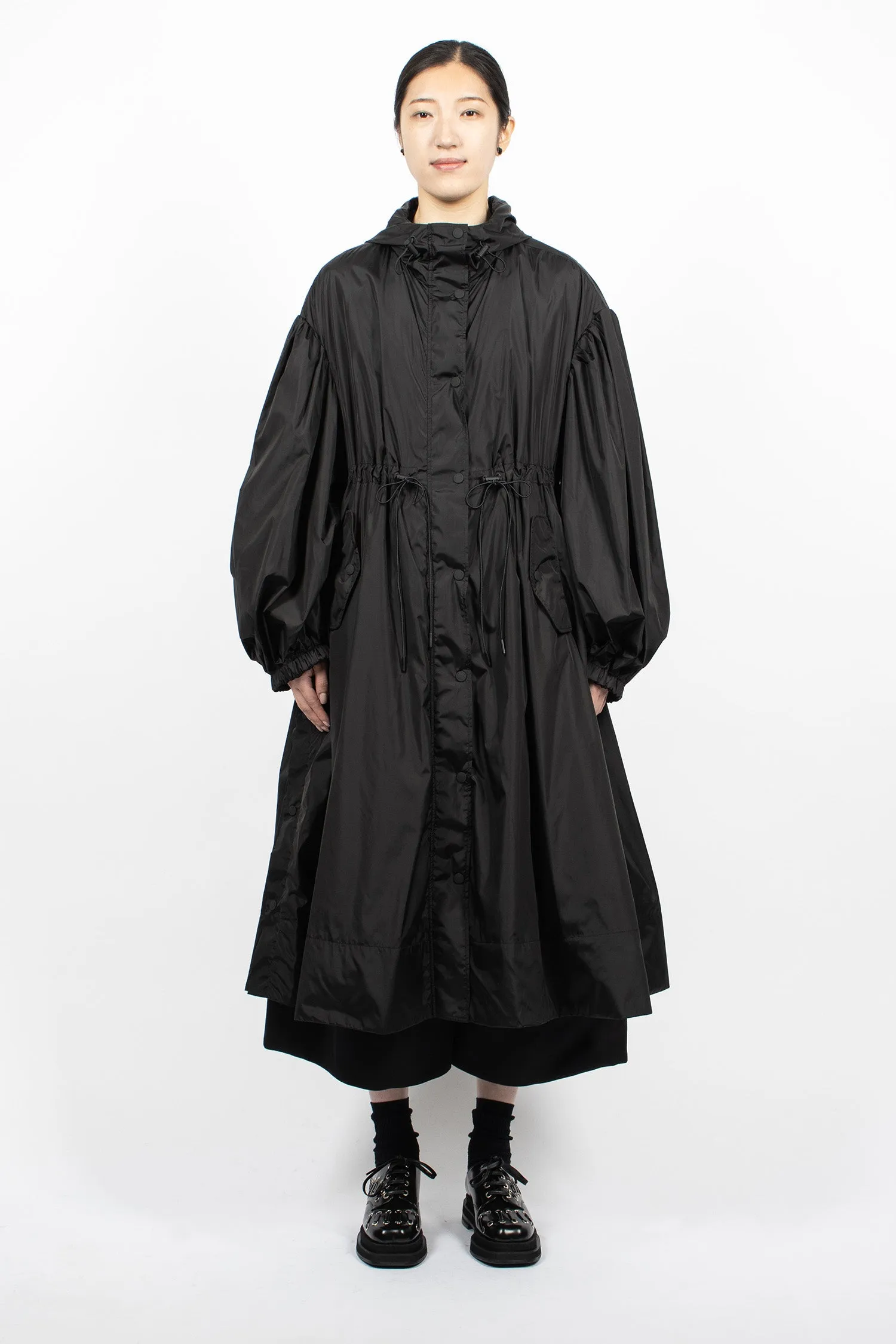 Long Button Placket Trapeze Parka Black