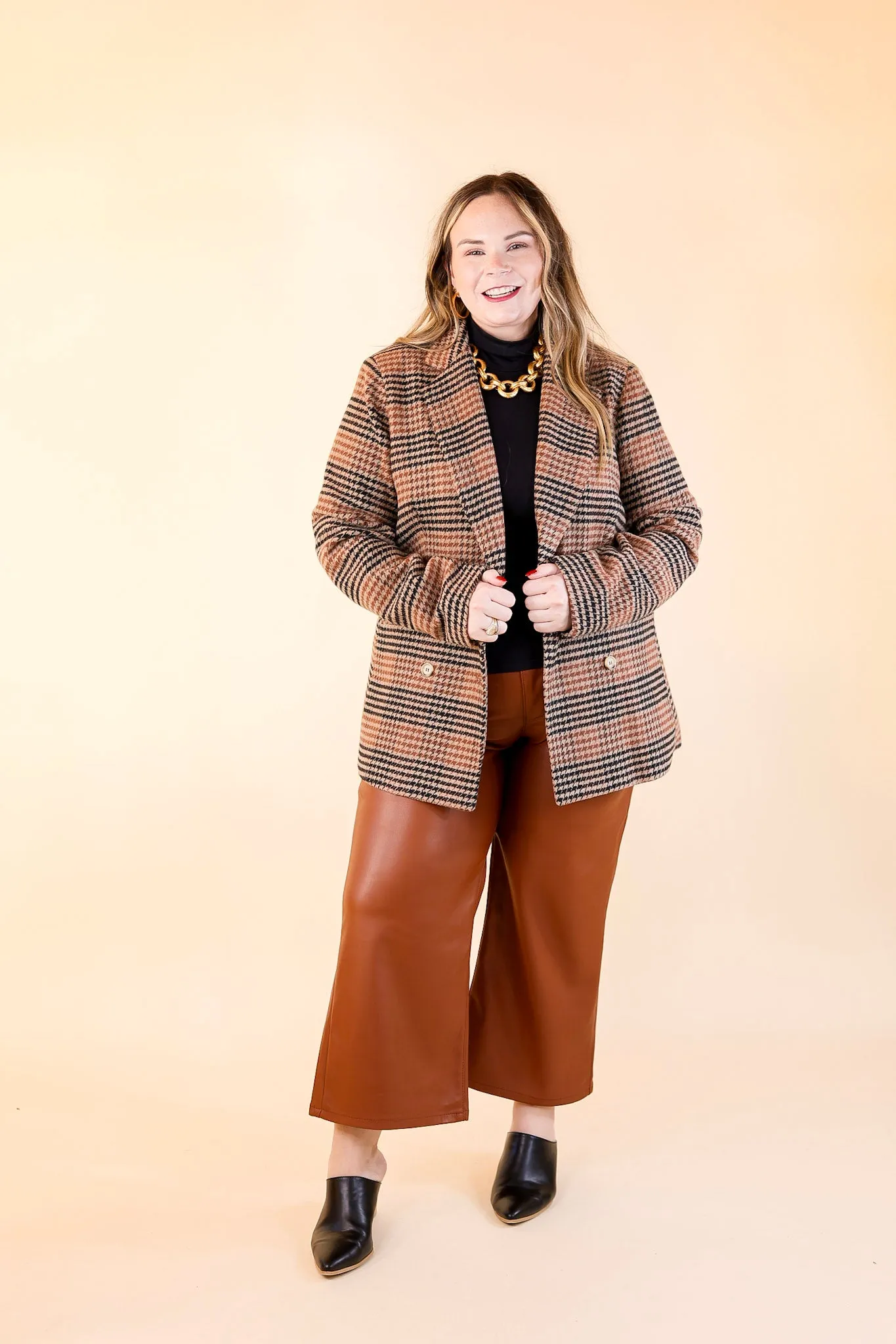 Magical Feeling Houndstooth Blazer with Long Sleeves in Rust Mix