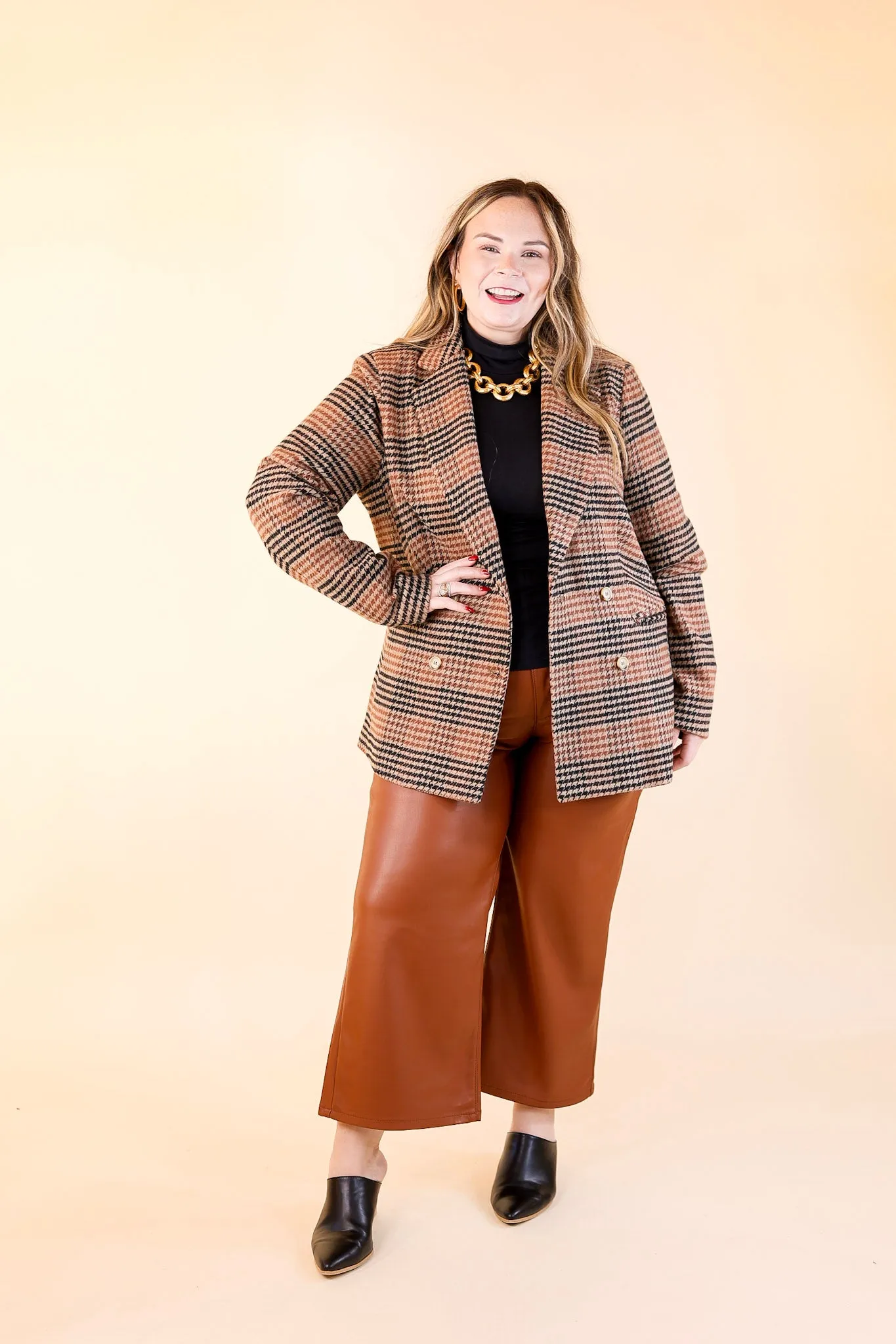 Magical Feeling Houndstooth Blazer with Long Sleeves in Rust Mix